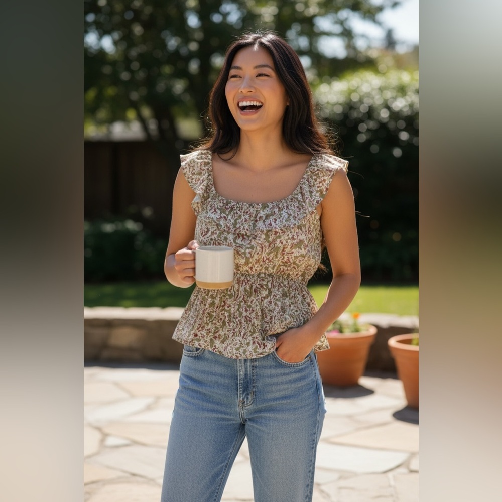 RW & Co Floral Ruffle-Trim Top – Size XXS